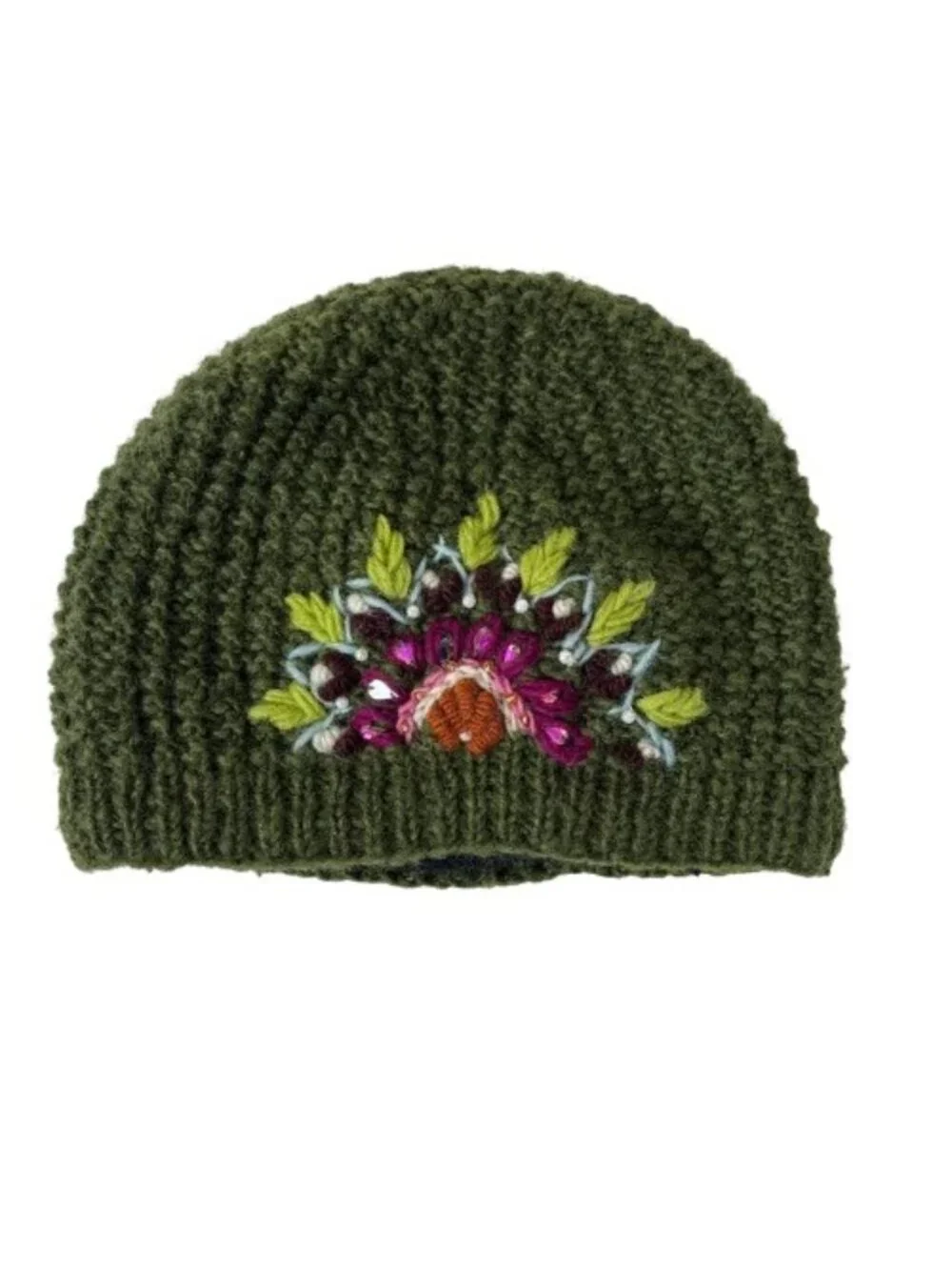 Ganesh Himal Wool Beanie Green Hand Knit Nepal Floral Embroidered Boho